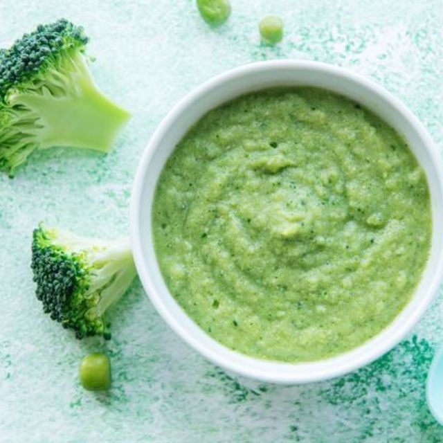 Nutrient-rich broccoli, pea and pear puree