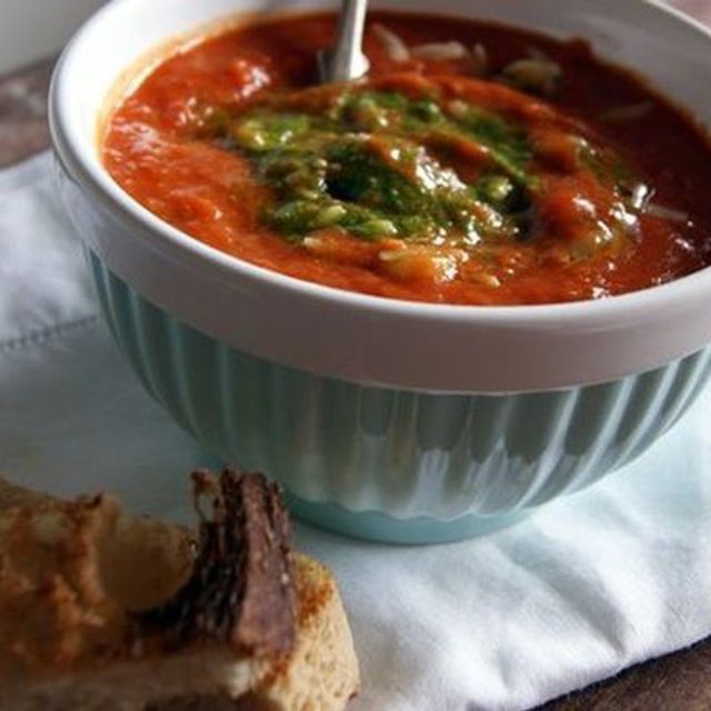 Tomato soup with pesto and risoni