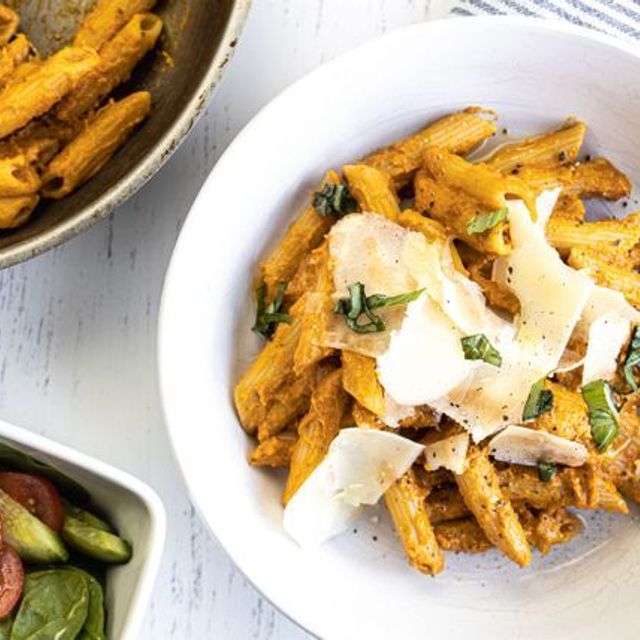 Roast pumpkin, tomato and feta pasta